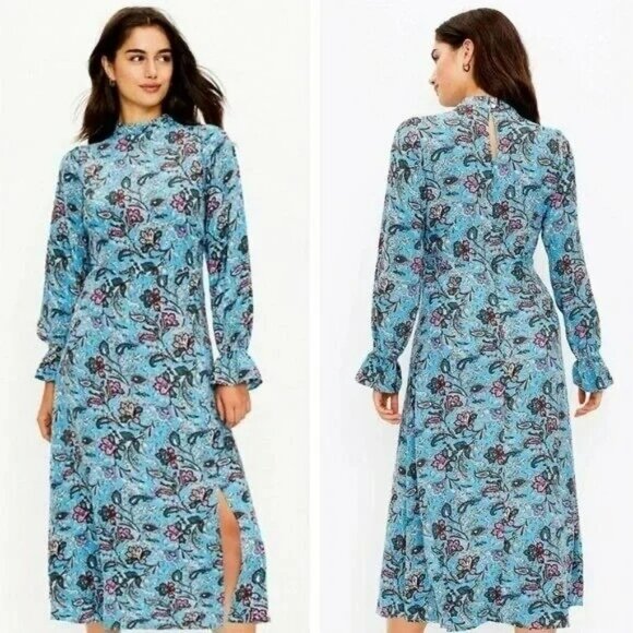New LOFT Bouquet Mock Neck Midi Dress Blue Floral Print Long Sleeve Viscose Wome - Picture 1 of 10